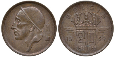 Бельгия 20 сантимов 1954 Belgie, Бодуэн I (1951-1993) KM 147.1 бронза 3458-1139