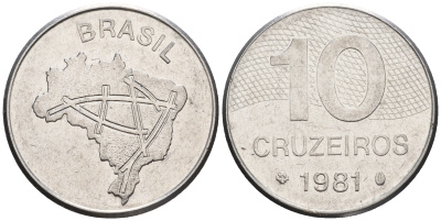 Бразилия 10 крузейро 1981 карта Бразилии KM 592.1 нержавеющая сталь 87-543