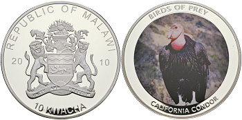 Малави 10 квача 2010 хищные птицы, калифорнийский кондор, цветная эмаль, диаметр 50 мм PROOF 05-089-14