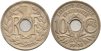 Франция 10 сантимов 1932 тип Линдайё KM 866а медно-никель 4116-456