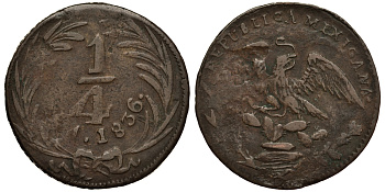 МЕКСИКА 1/4 РЕАЛА 1836 ПЕРВАЯ РЕСПУБЛИКА, МЕХИКО СИТИ KM 358 медь VF- 3334-525