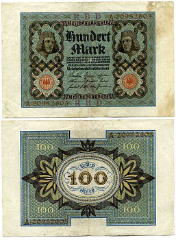 Германия 100 марок 1920 Бамбергский всадник, 8 цифр в номере, серия A, буква R Pick 69 b, Розенберг 69b бумага 7198-28-2-1