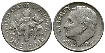 США 10 ЦЕНТОВ = 1 ДАЙМ 1966 РУЗВЕЛЬТ KM 195а медь плакированная медно-никелем 37-219