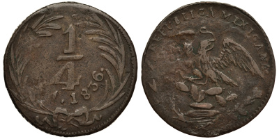 МЕКСИКА 1/4 РЕАЛА 1836 ПЕРВАЯ РЕСПУБЛИКА, МЕХИКО СИТИ KM 358 медь VF- 3334-525