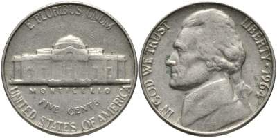США 5 ЦЕНТОВ 1964 ДЖЕФФЕРСОН KM A192 медно-никель 4390-332