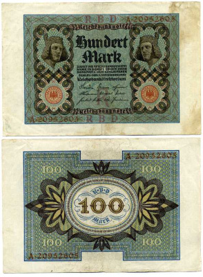 Германия 100 марок 1920 Бамбергский всадник, 8 цифр в номере, серия A, буква R Pick 69 b, Розенберг 69b бумага 7198-28-2-1