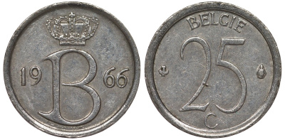 Бельгия 25 сантимов 1966 Belgie, Бодуэн I (1951-1993) KM 154.1 медно-никель 4124-538