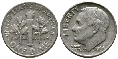 США 10 ЦЕНТОВ = 1 ДАЙМ 1966 РУЗВЕЛЬТ KM 195а медь плакированная медно-никелем 37-219