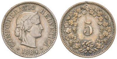 Швейцария 5 раппенов 1884 B KM 26 медно-никель 4158-456