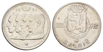 Бельгия 100 франков 1951 Бодуэн I (1951-1993), Belgiqe KM 139 серебро 1519-931