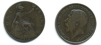 Великобритания 1 пенни 1912 Георг V (1910-1936) KM 810, Spink 4051 бронза 37-1016