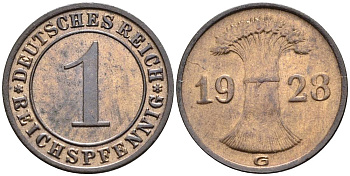 ГЕРМАНИЯ 1 РЕЙХСПФЕННИГ 1928 G KM 37, J. 313, Weege 2 бронза 4547-136