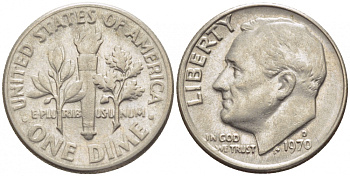 США 10 ЦЕНТОВ = 1 ДАЙМ 1970 D, РУЗВЕЛЬТ KM 195а медь плакированнная медно-никелем 105-1041