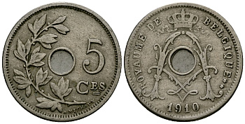 Бельгия 5 сантимов 1910 Belgique, Альберт I (1909-1934) KM 66 медно-никель 4173-436