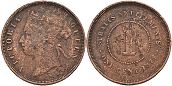 Стрейтс-Сетлментс 1 цент 1872 Виктория (1837-1901), Ост-Индская компания KM 9 медь 4590-314
