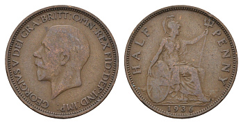 Великобритания 1/2 пенни 1936 Георг V (1910-1936) KM 837, Spink 4058 бронза 4675-414