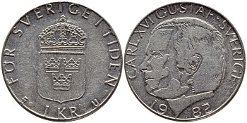 Швеция 1 крона 1982 Карл XVI Густав (1973- ) KM 852a медно-никель 4397-1051