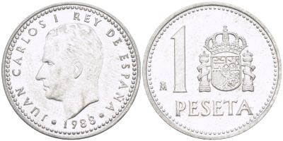 ИСПАНИЯ 1 ПЕСЕТА 1988 ХУАН КАРЛОС I ( 1975-) KM 821 алюминий 216-431