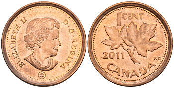Канада 1 цент 2011 Елизавета II (1952-2022), кленовый лист KM 490 цинк плакированный медью 4609-424