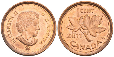 Канада 1 цент 2011 Елизавета II (1952-2022), кленовый лист KM 490 цинк плакированный медью 4609-424