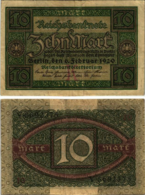 ГЕРМАНИЯ 10 МАРОК 1920 6 ФЕВРАЛЯ 1920, БУКВА K, СЕРИЯ Y, СЕМЬ ЦИФР В НОМЕРЕ СЕРИИ Pick 67, Rosenberg 63а бумага 8616-10-1-1
