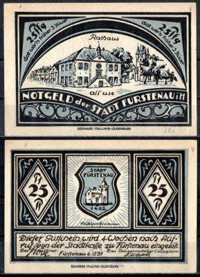 Фюрстенау (Пруссия, Ганновер) 25 пфеннигов 1921 Mehl Grabowski 400.1-1/4 бумага UNC (пресс) 7555-53-3-1