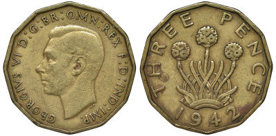 Великобритания 3 пенса 1942 Георг VI (1936-1952) KM 849, Spink 4112 никель латунь 4122-914