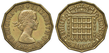 Великобритания 3 пенса 1964 Елизавета II (1952-2022) KM 900, Spink 4153 никель латунь 4122-941