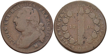 ФРАНЦИЯ 12 ДЕНЬЕ 1792 МА, ЛЮДОВИК XVI KM 600.11 (С88.10) бронза 97-1243