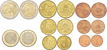 Австрия евронабор из 8 монет 2002 1, 2, 5, 10, 20, 50 евроцентов, 1 и 2 евро KM 210, 211, 212, 247, 248, 249, 250, 251 UNC N6-35