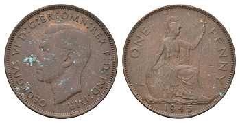 Великобритания 1 пенни 1945 Георг VI (1936-1952) KM 845, Spink 4114 бронза 4661-823