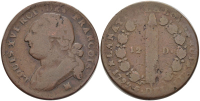 ФРАНЦИЯ 12 ДЕНЬЕ 1792 МА, ЛЮДОВИК XVI KM 600.11 (С88.10) бронза 97-1243