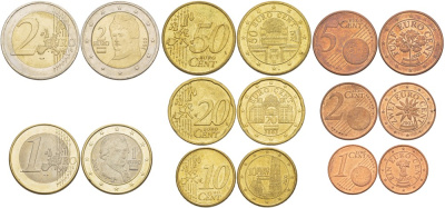 Австрия евронабор из 8 монет 2002 1, 2, 5, 10, 20, 50 евроцентов, 1 и 2 евро KM 210, 211, 212, 247, 248, 249, 250, 251 UNC N6-35