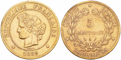 ФРАНЦИЯ 5 САНТИМОВ 1889 А, ТРЕТЬЯ РЕСПУБЛИКА (1871-1940) KM 821.1, LE FRANC 118.32 бронза 108-636