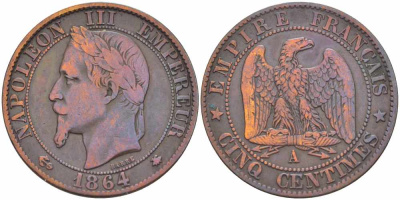 ФРАНЦИЯ 5 САНТИМОВ 1864 A, НАПОЛЕОН III (1852-1870) KM 797.1, LE FRANC 117.11 бронза 108-544