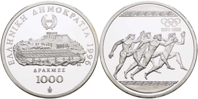 ГРЕЦИЯ 1000 ДРАХМ 1996 ОЛИМПИЙСКИЕ ИГРЫ В АФИНАХ, БЕГ KM 165 серебро PROOF 00-00