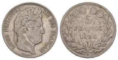 Франция 5 франков 1834 A, Луи-Филипп I (1830-1848) KM 749 серебро 1519-833