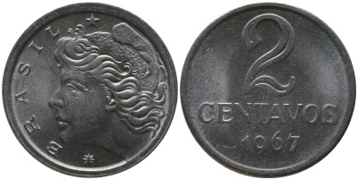 Бразилия 2 сентаво 1967 KM 576.1, Schon 81 нержавеющая сталь UNC 4567-849