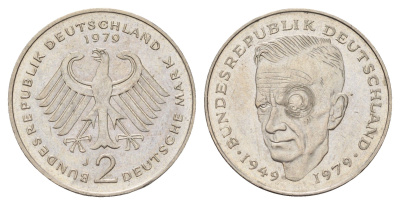 ФРГ 2 марки 1979 J, Курт Шумахер KM 149, J. 424 медно-никель 3459-1012