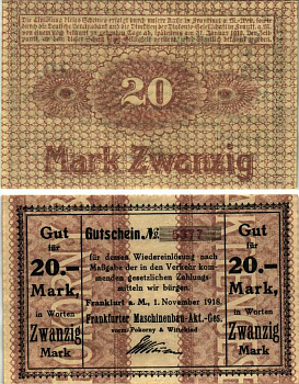 ФРАНКФУРТ-НА-МАЙНЕ 20 МАРОК 1918 НОТГЕЛЬД, 1 НОЯБРЯ 1918 - 31 ЯНВАРЯ 1919, ЗЕМЛЯ ГЕССЕН Geiger 152.03 бумага 6318-38-2-1