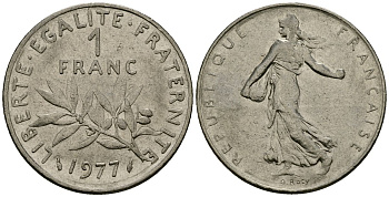 Франция 1 франк 1977 сеятель KM 925 никель 4135-853