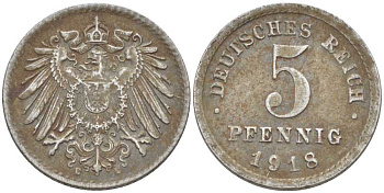 ГЕРМАНИЯ 5 ПФЕННИГОВ 1918 E KM 19, J. 297, Weege 5 железо 206-715