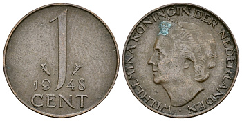 Нидерланды 1 цент 1948 Вильгельмина (1890-1948), год тип KM 175 бронза 61-1153