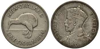 Новая Зеландия 1 флорин 1934 Георг V (1910-1936), птичка киви KM 4 серебро 272-1234