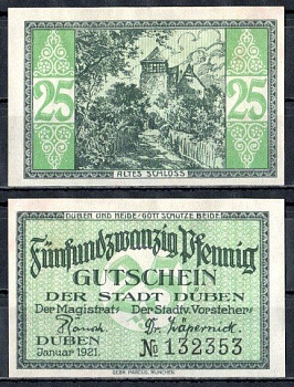 Дюбен (Пруссия, Саксония) 25 пфеннигов 1921 Mehl Grabowski 293.1-2/2 бумага UNC (пресс) 7555-59-4-2