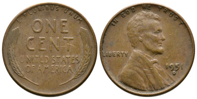 США 1 ЦЕНТ 1951 D ЛИНКОЛЬН KM А132 медь цинк 61-1227