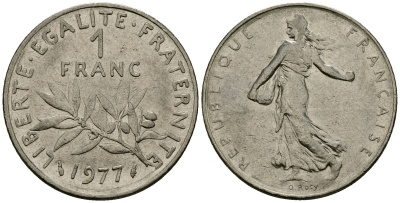 Франция 1 франк 1977 сеятель KM 925 никель 4135-853