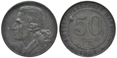 Марбах 50 пфеннигов 1921 Фридрих Шиллер Funck 316.3, Men05 16251.3, Men18 20385.3 цинк     4121-315