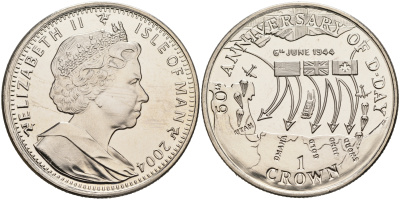 Остров Мэн 1 крона 2004 60 лет D-DAY, карта наступления союзников KM 1222 медно-никель UNC 4558-823