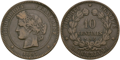 Франция 10 сантимов 1897 A, Третья республика (1871-1940) KM 815.1, Le Franc 135.33 бронза 4120-741